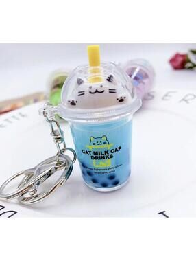 Cat Boba Bubble Milk Tea Keychain Key Holder Bag Charm Kitty, Blue